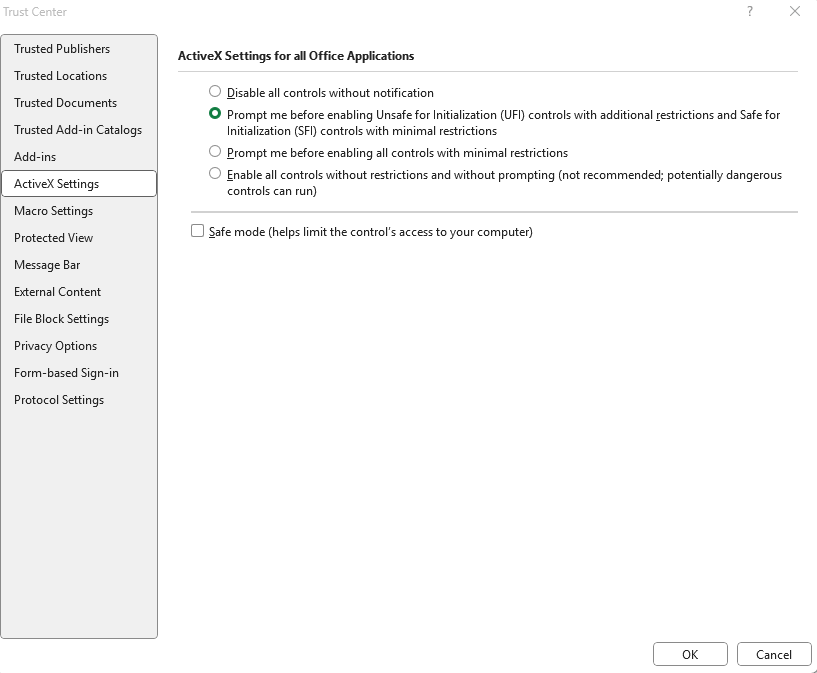 Trust Center Settings for Error 57121