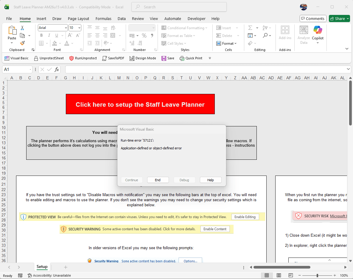 Excel Runtime Error 57121 Message