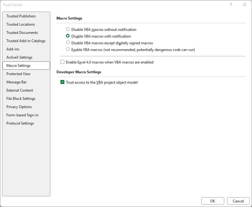 Trust Center Settings for enabling macros