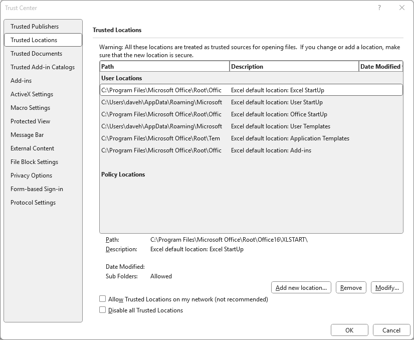 Trust Center Settings for trusted locations