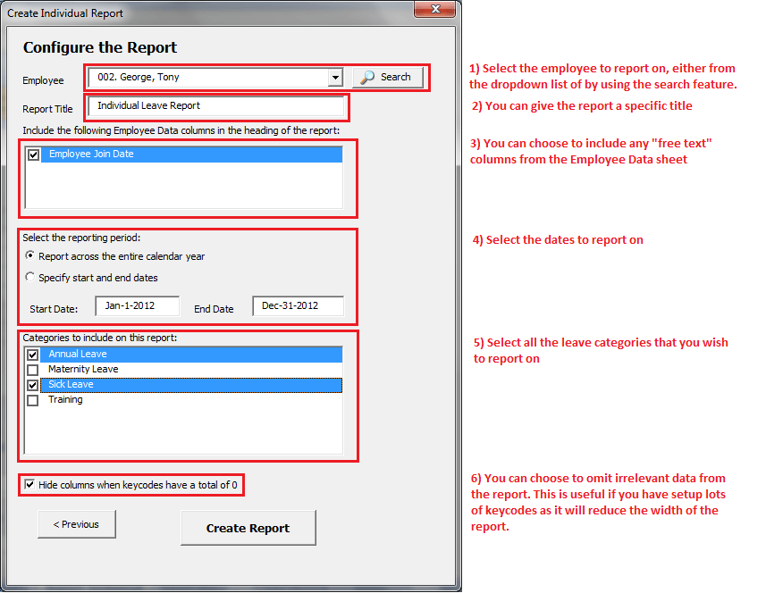 Individual report configuration form