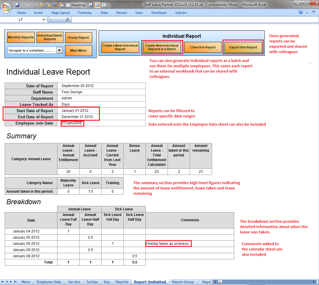Example individual leave report