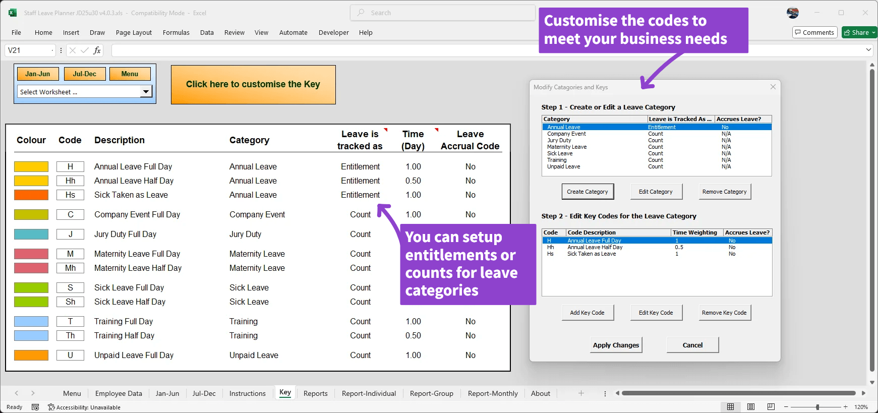 Leave codes are fully customisable, allowing you to create and manage your own leave types.