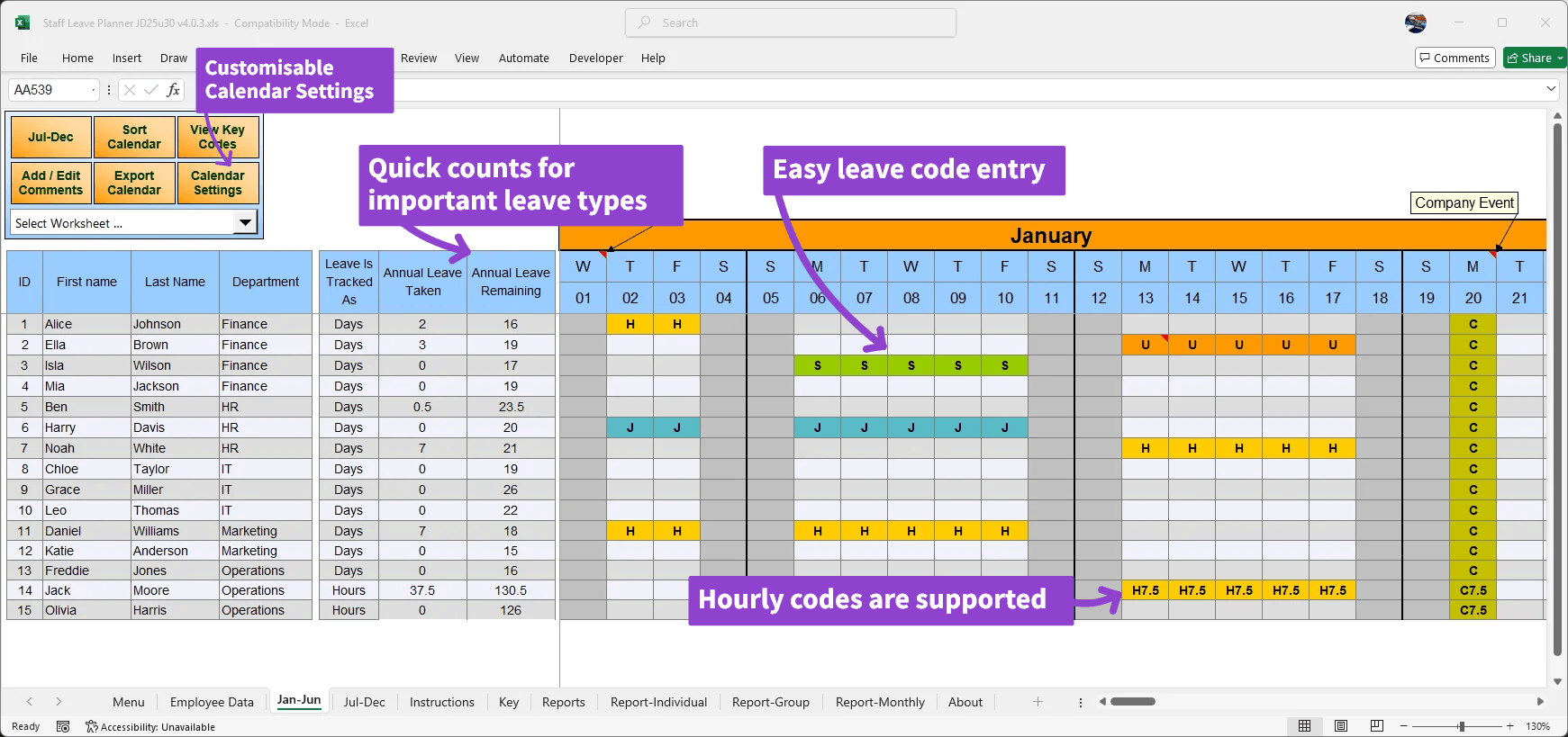 The staff holiday planner has a main monthly view that lets's you set, view, and comment on staff leave requests.